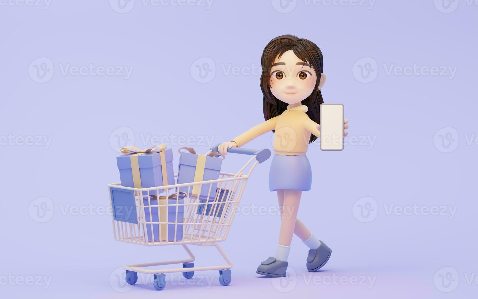 pequeño niña con compras tema con dibujos animados estilo, 3d representación. foto