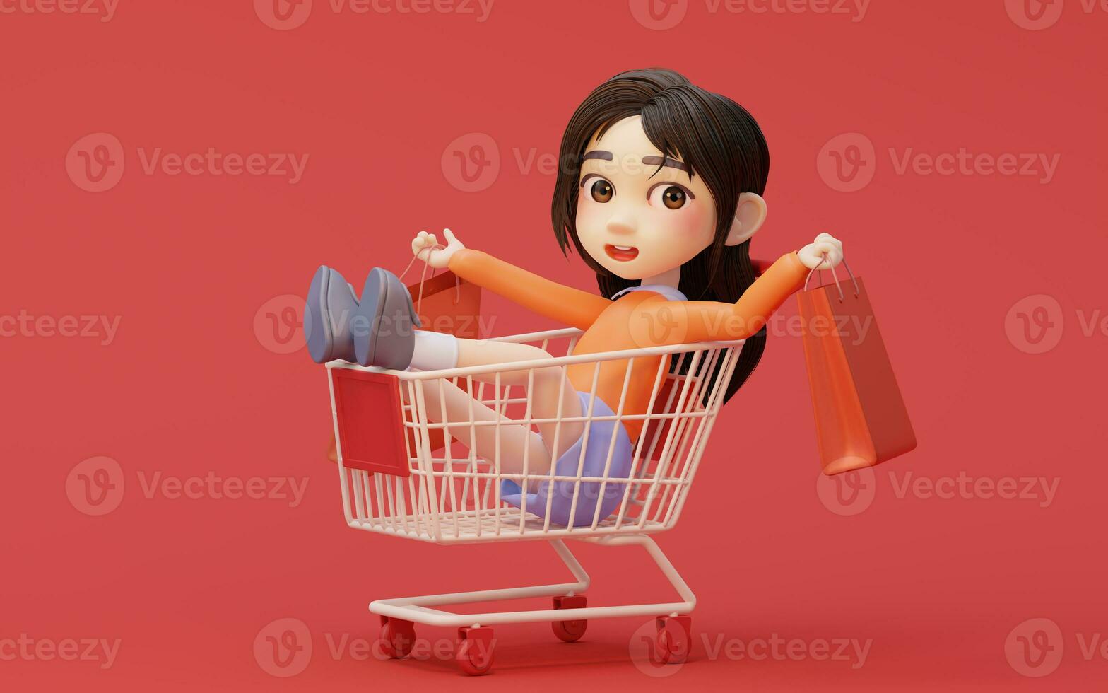 pequeño niña con compras tema con dibujos animados estilo, 3d representación. foto