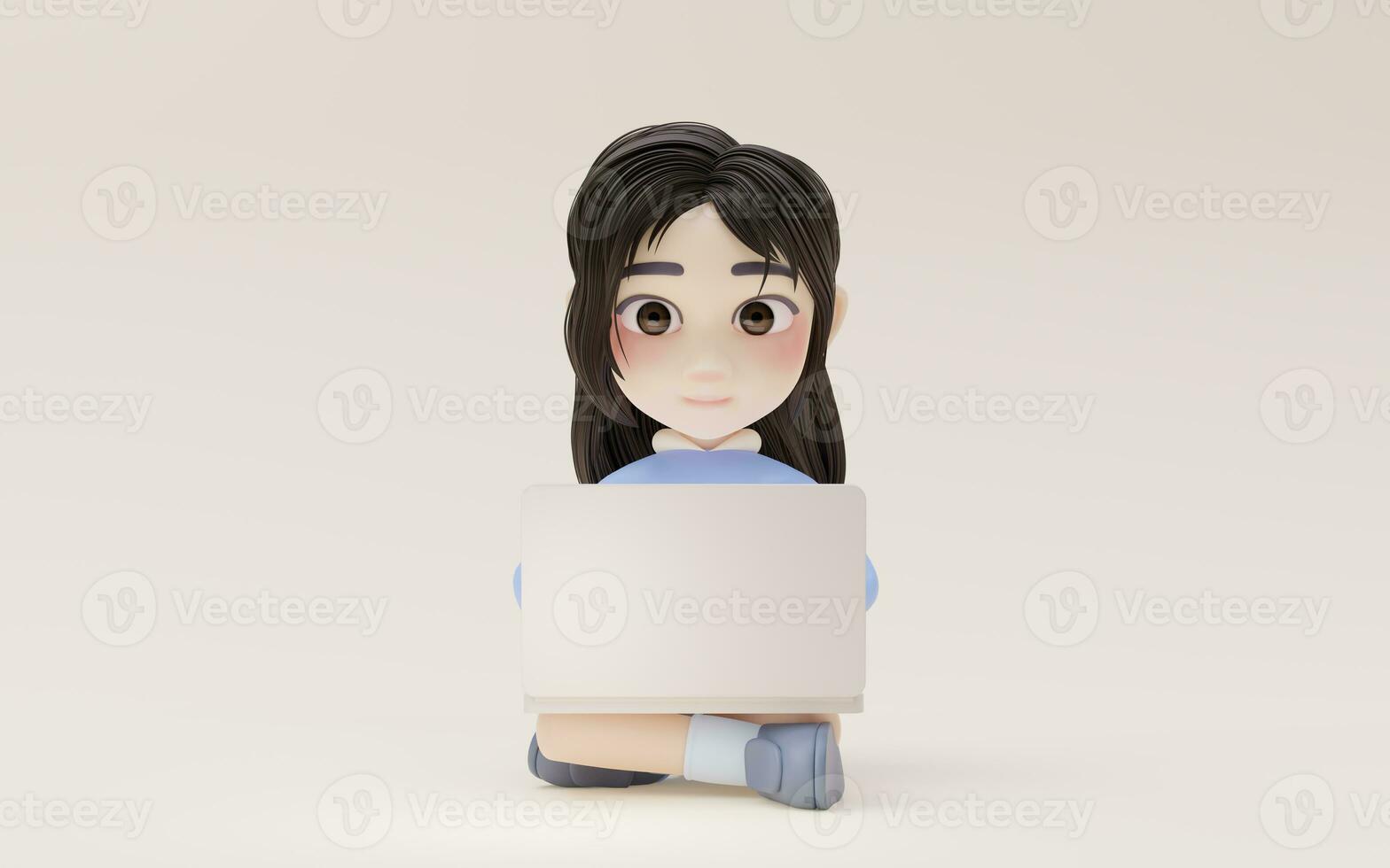 Little girl working with laptop with cartoon style, 3d rendering. photo