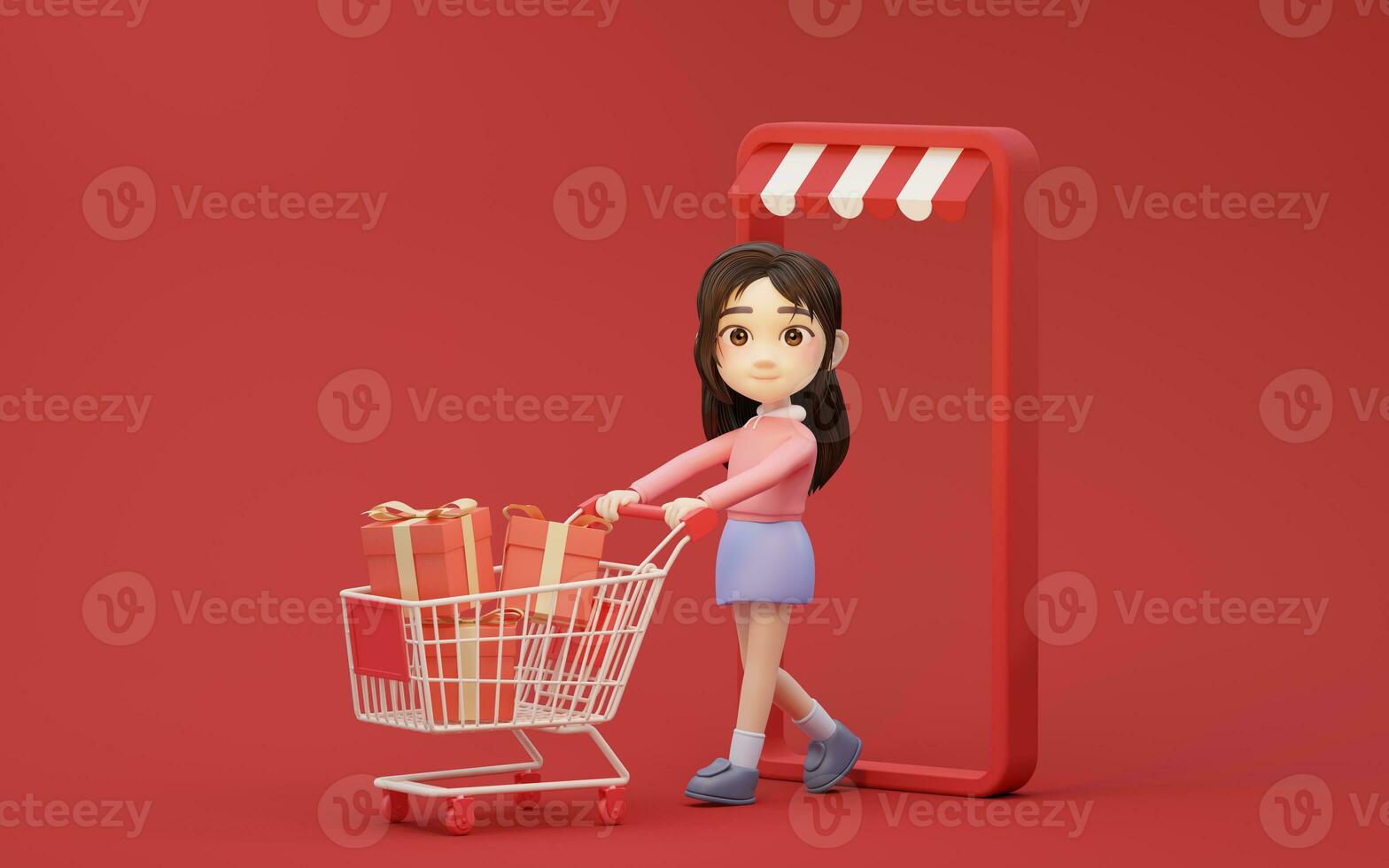 pequeño niña con compras tema con dibujos animados estilo, 3d representación. foto