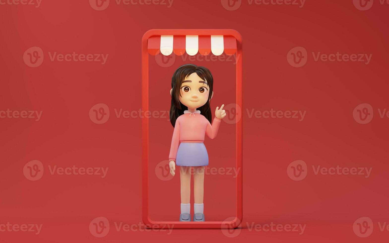 Little girl with shopping theme with cartoon style, 3d rendering. photo