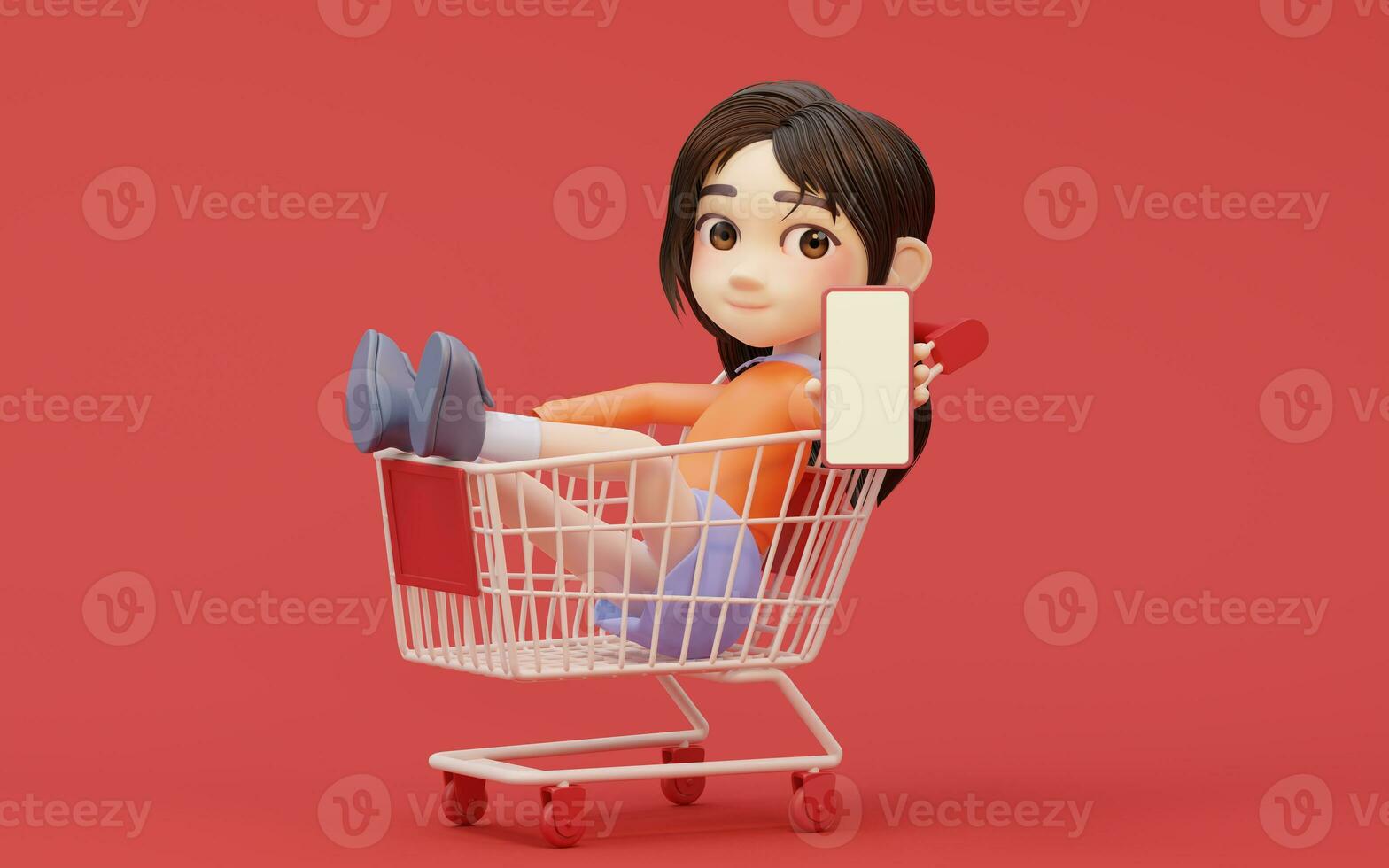 Little girl with shopping theme with cartoon style, 3d rendering. photo