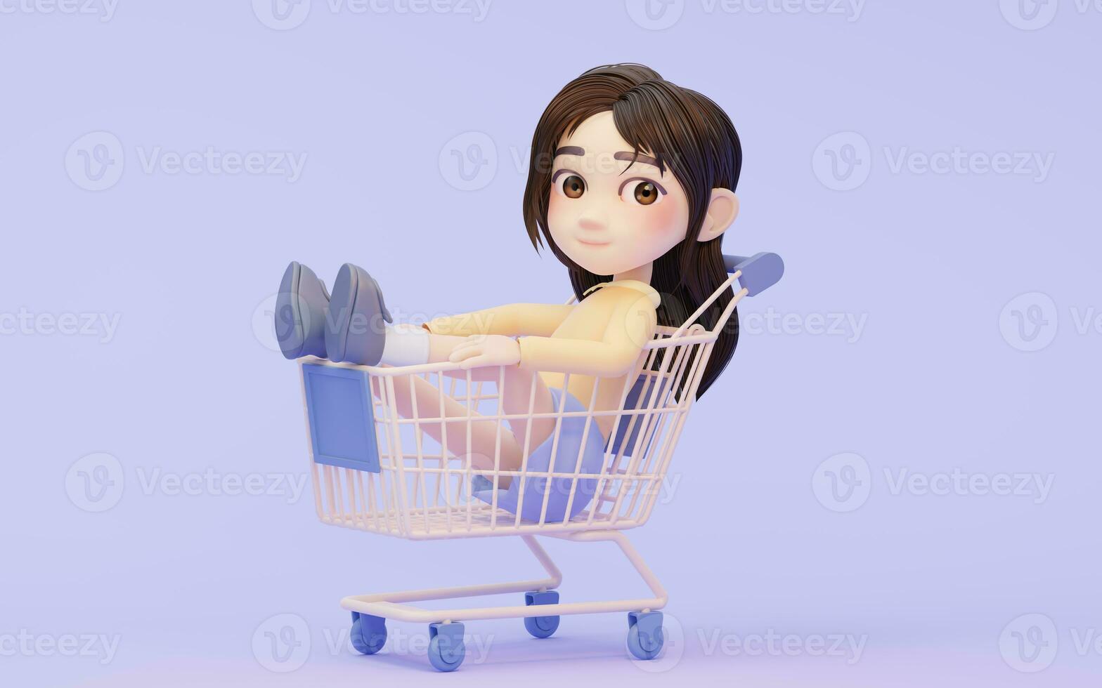 Little girl with shopping theme with cartoon style, 3d rendering. photo