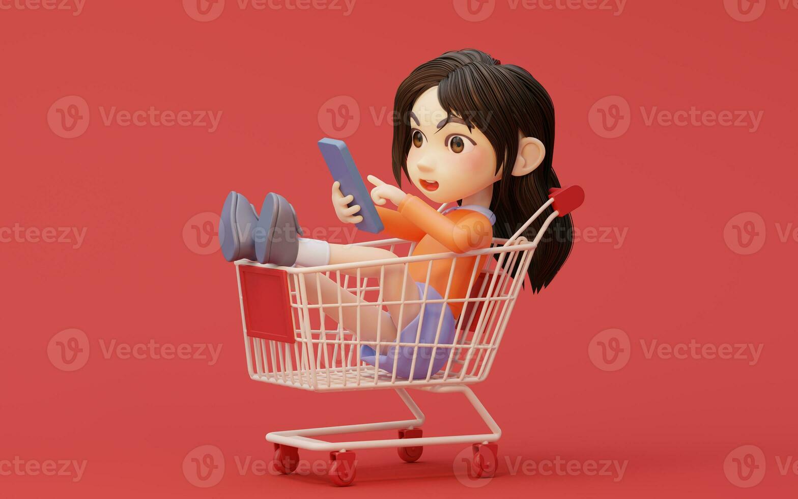 Little girl with shopping theme with cartoon style, 3d rendering. photo