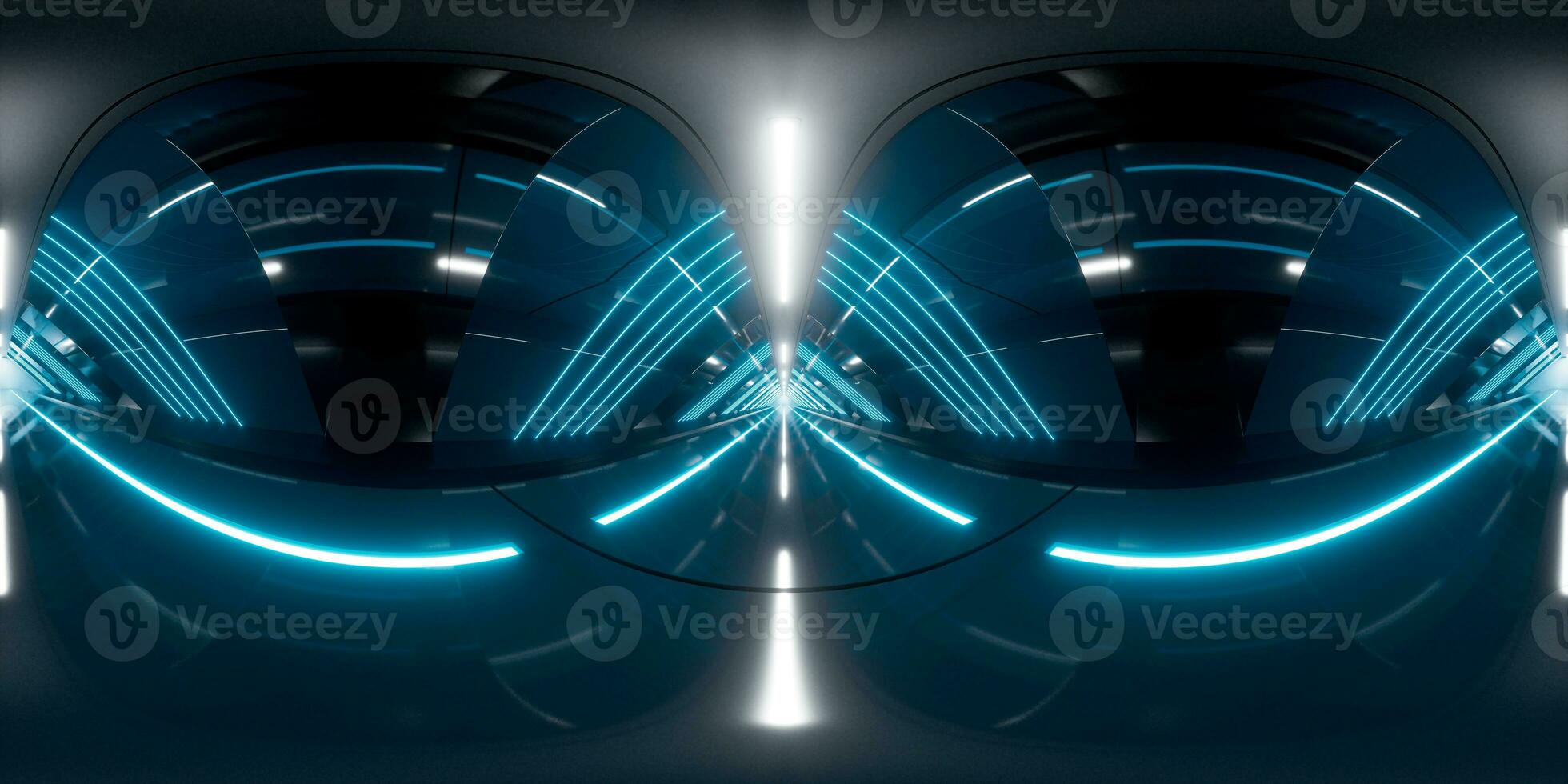 Dark tunnel with glowing light illuminated, 3d rendering. 360-degree seamless panoramic view. photo