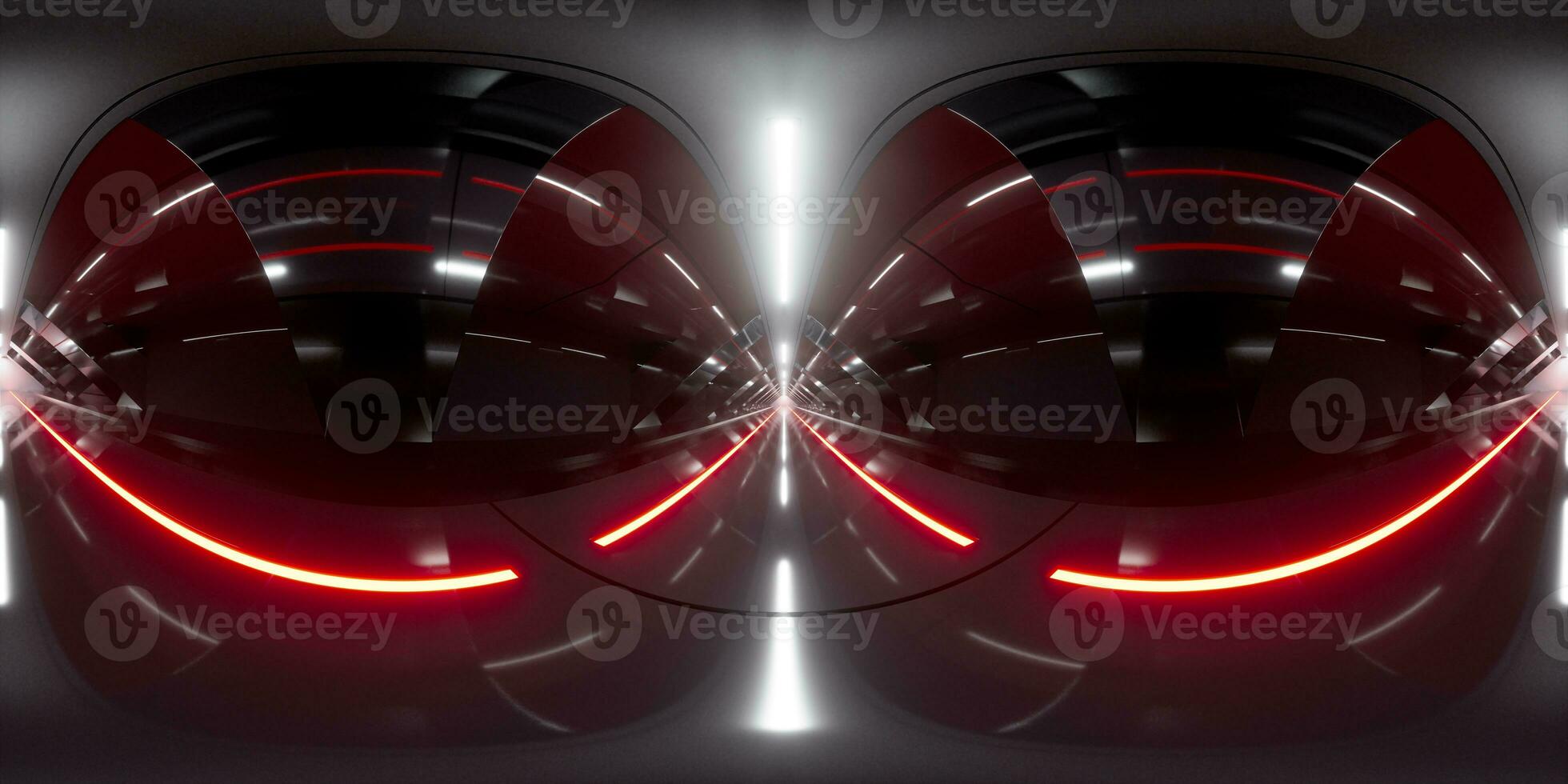 Dark tunnel with glowing light illuminated, 3d rendering. 360-degree seamless panoramic view. photo