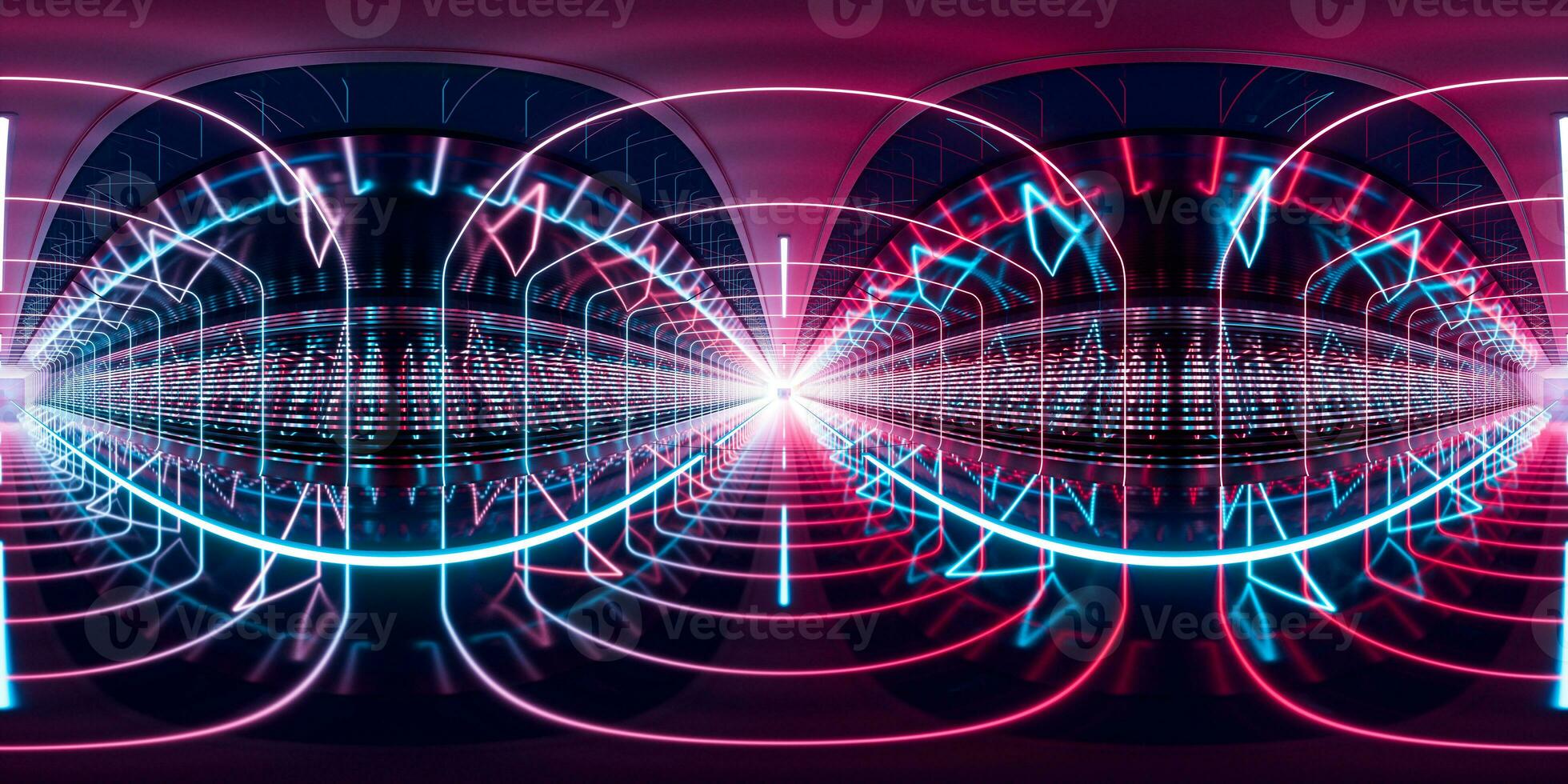 Dark tunnel with glowing light illuminated, 3d rendering. 360-degree seamless panoramic view. photo
