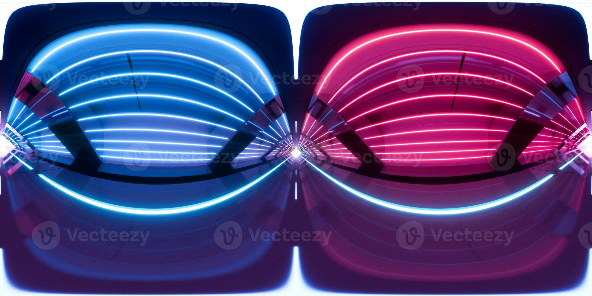 Dark tunnel with glowing light illuminated, 3d rendering. 360-degree seamless panoramic view. photo