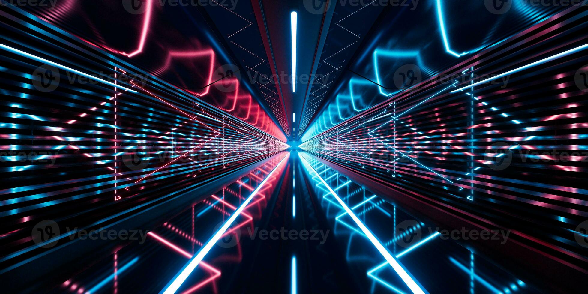 Dark tunnel with glowing light illuminated, 3d rendering. photo