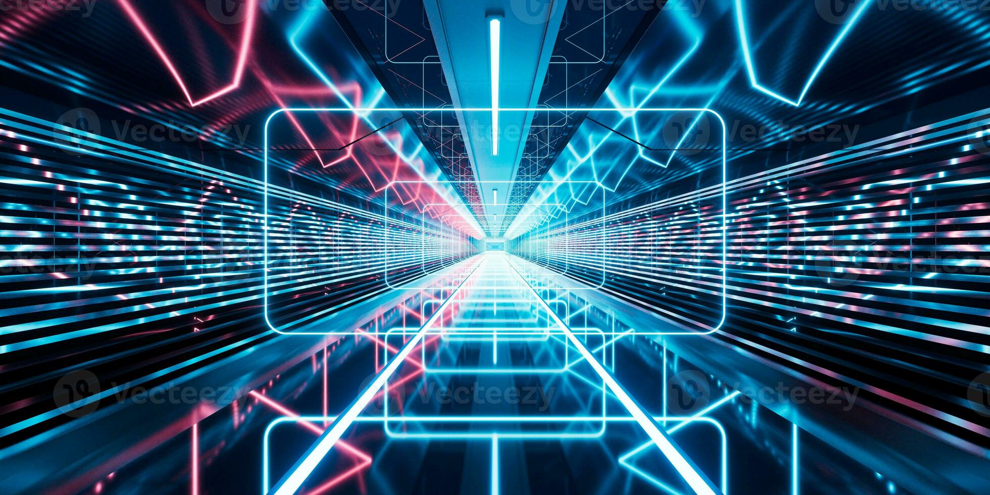 Dark tunnel with glowing light illuminated, 3d rendering. photo