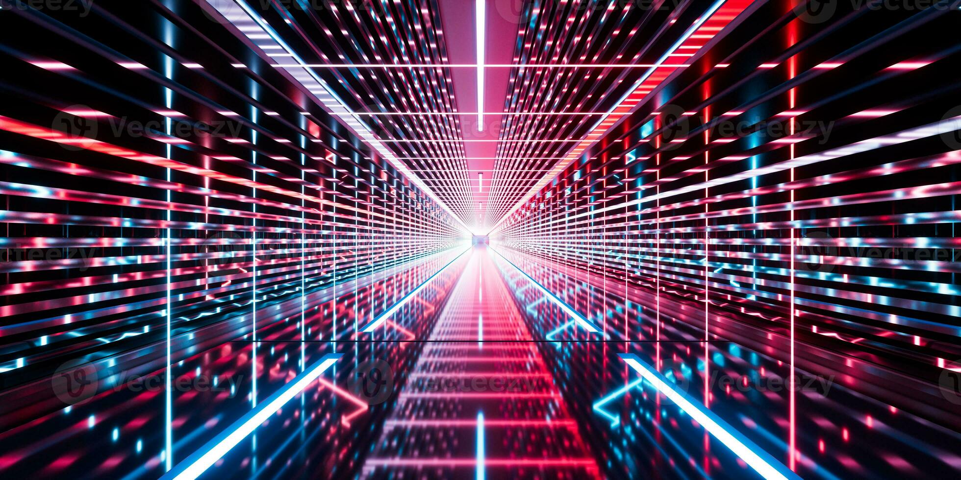 Dark tunnel with glowing light illuminated, 3d rendering. photo