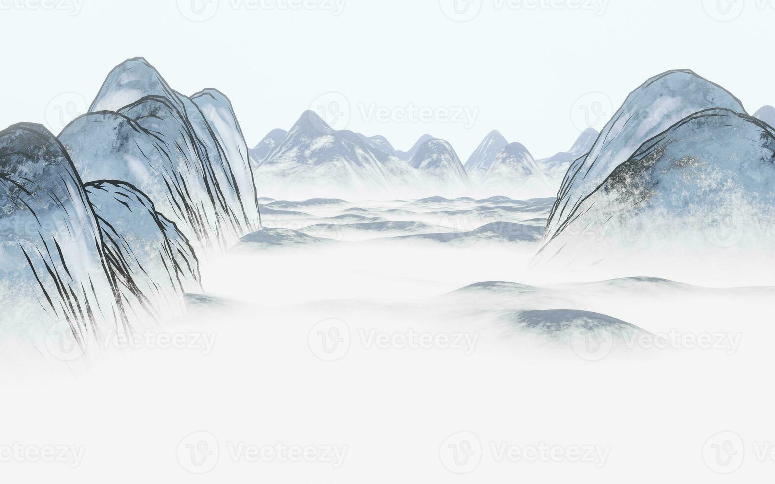 Ink wash painting of mountains, 3d rendering. photo