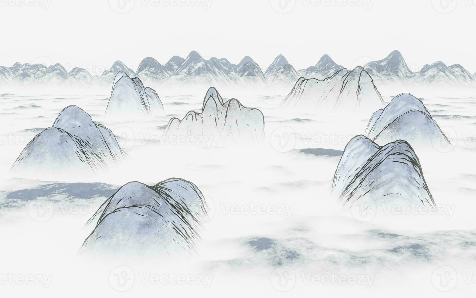 Ink wash painting of mountains, 3d rendering. photo