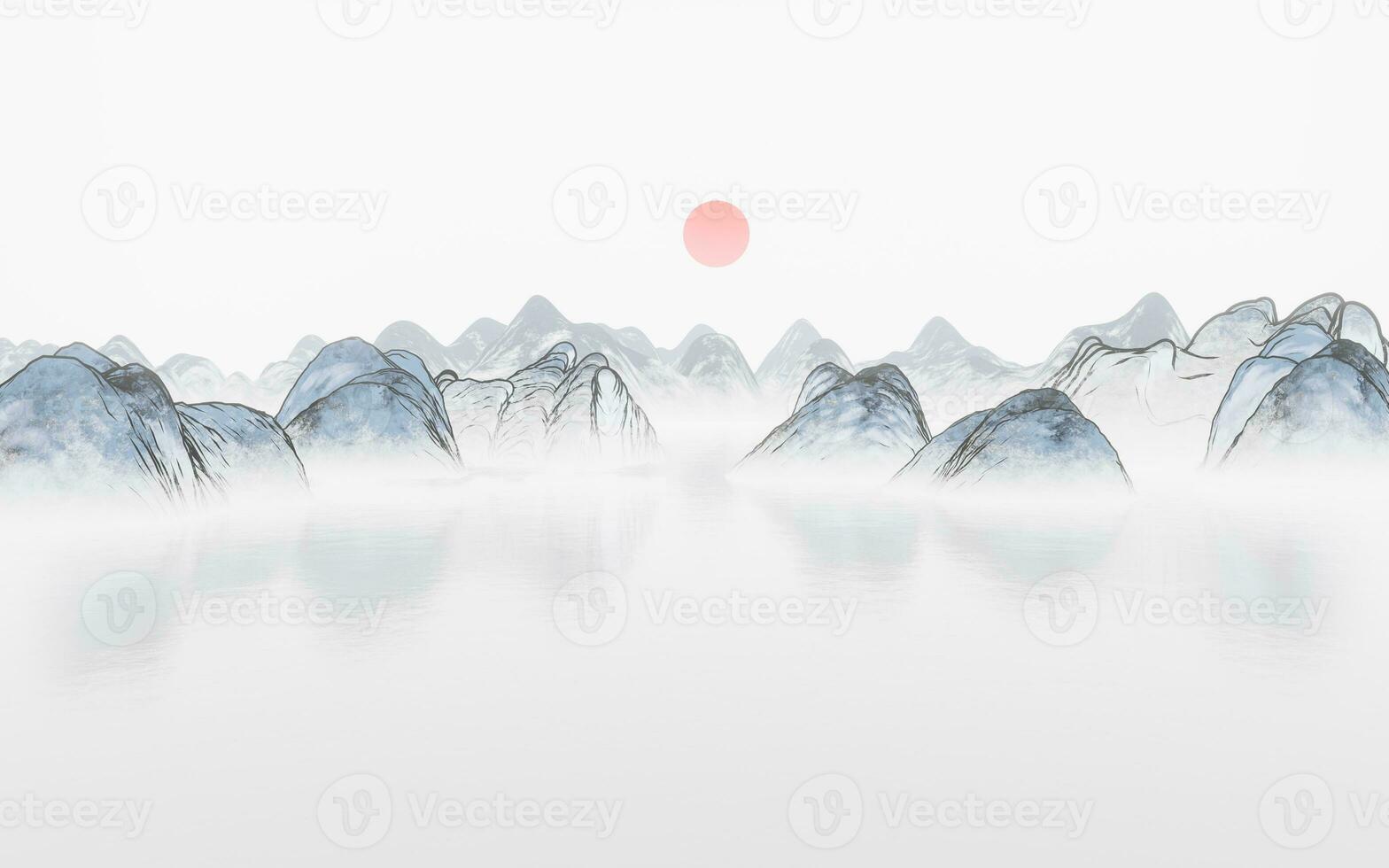 Ink wash painting of mountains, 3d rendering. photo