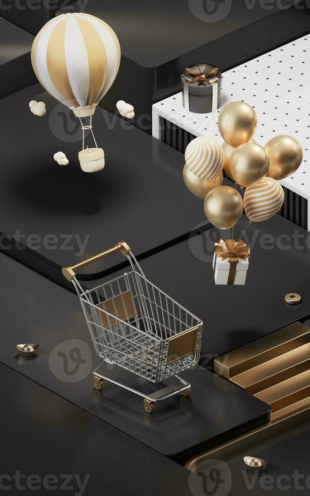 compras día actividad con cubo plataforma fondo, 3d representación. foto