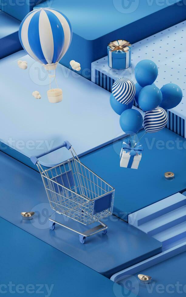 compras día actividad con cubo plataforma fondo, 3d representación. foto