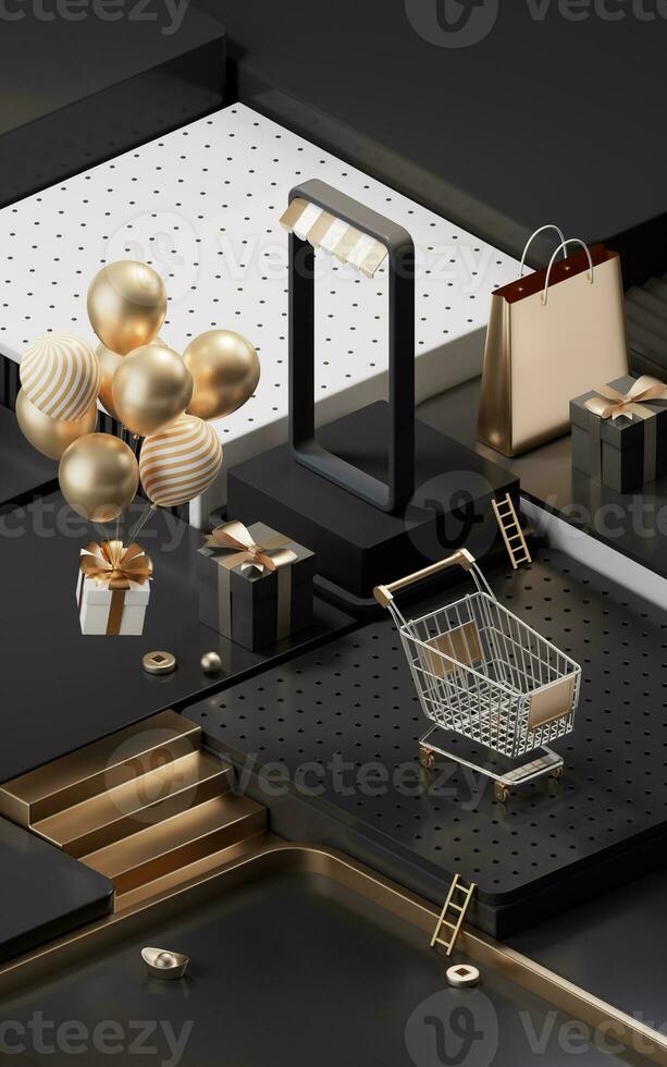 Shopping day activity with cube platform background, 3d rendering. photo