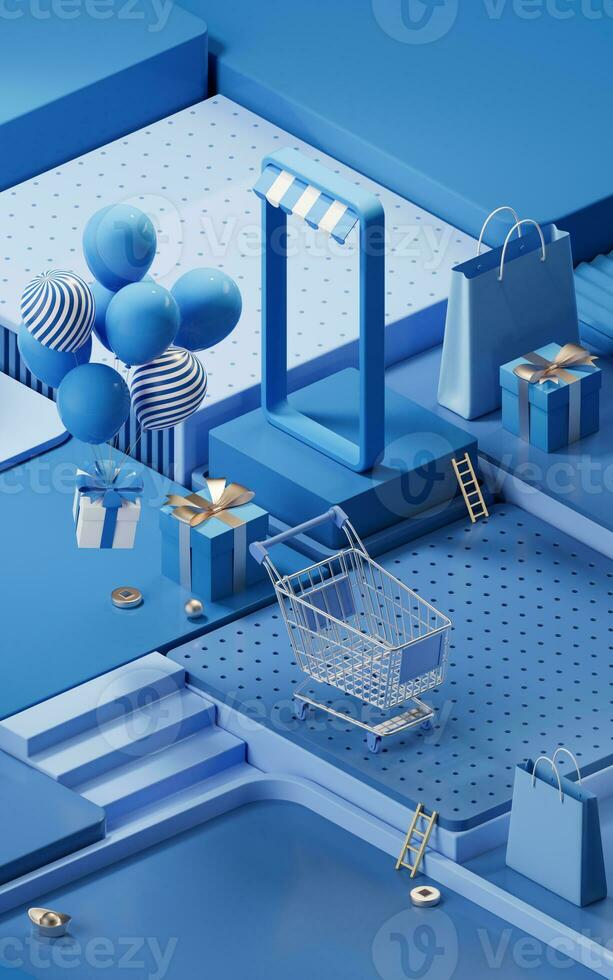 Shopping day activity with cube platform background, 3d rendering. photo
