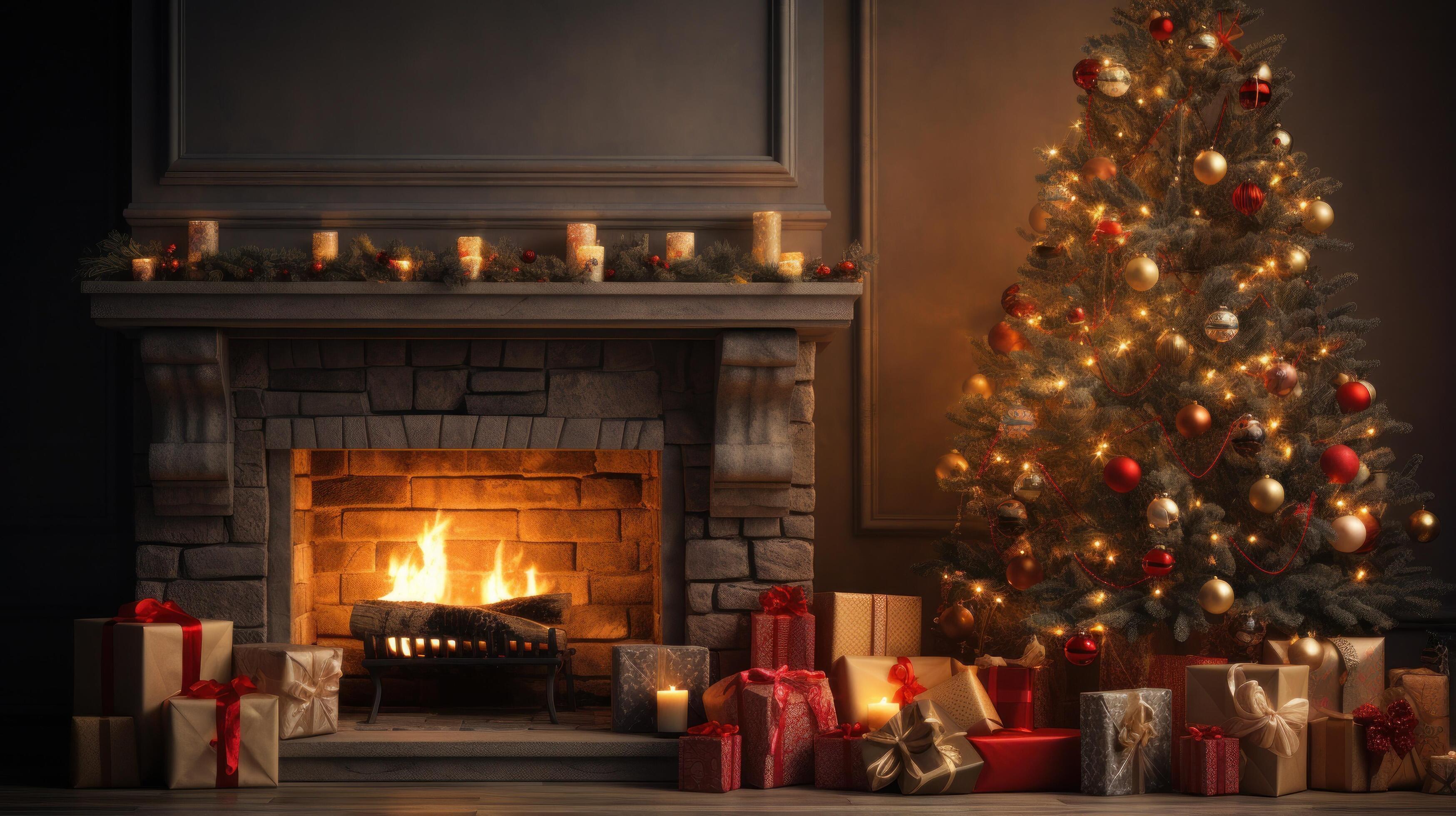 Christmas tree in fireplace 27776983 Stock Photo at Vecteezy