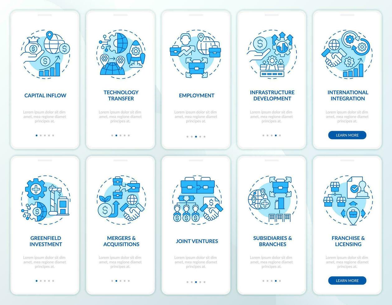 2D blue icons representing foreign direct investment mobile app screen set. Walkthrough 5 steps colorful graphic instructions with linear concepts, UI, UX, GUI template. vector