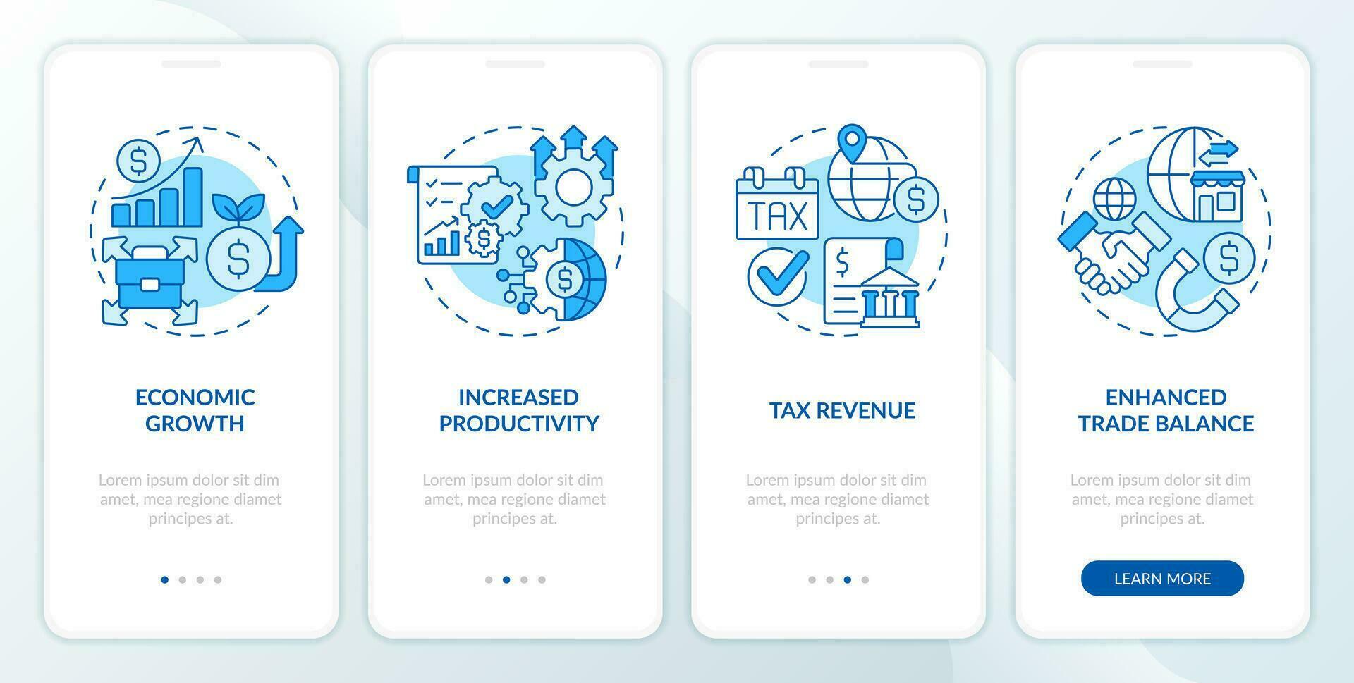 2D blue thin line icons representing foreign direct investment mobile app screen set. 4 steps editable graphic instructions, UI, UX, GUI template. vector