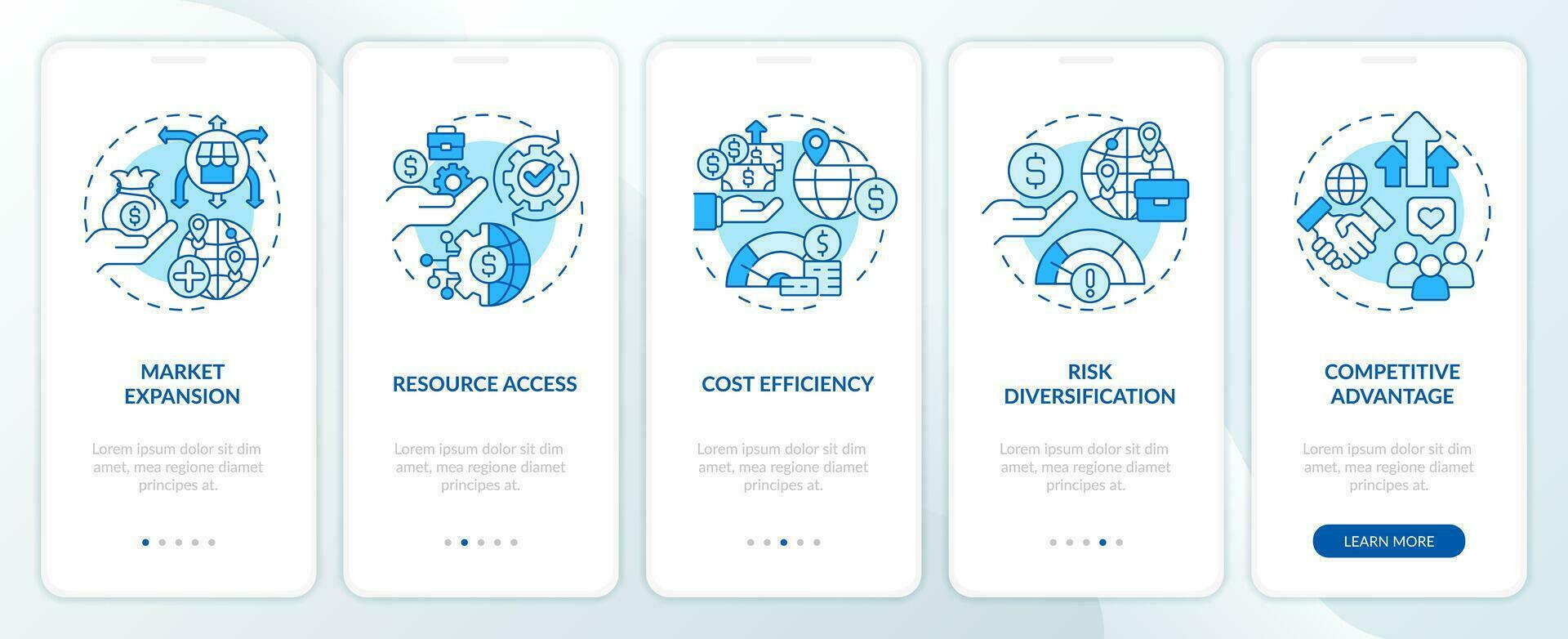 Blue linear icons representing foreign direct investment mobile app screen set. 5 steps editable graphic instructions, UI, UX, GUI template. vector