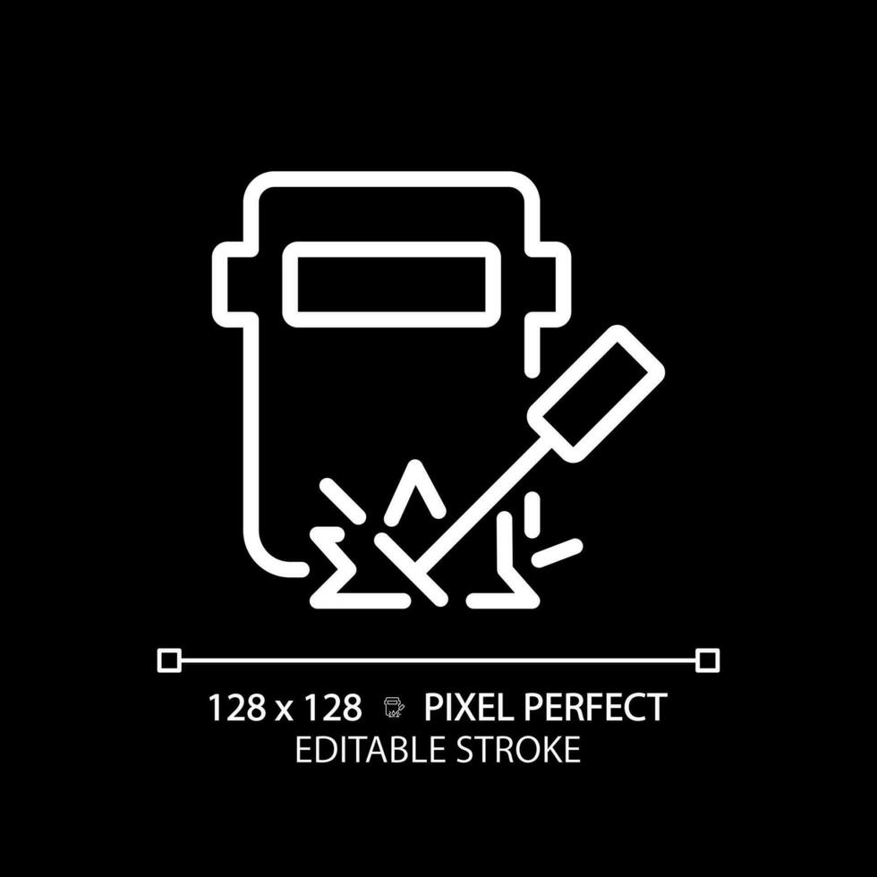 Welding pixel perfect white linear icon for dark theme. Railway track maintenance. Railcar repair. Manufacturing engineering. Thin line illustration. Isolated symbol for night mode. Editable stroke vector