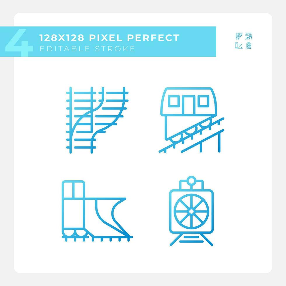 Railway vehicle pixel perfect gradient linear vector icons set. Railroad car. Train transport. Locomotive engine. Thin line contour symbol designs bundle. Isolated outline illustrations collection