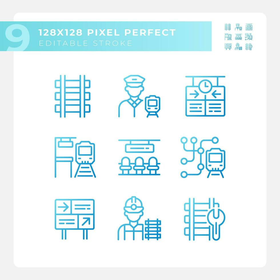 Railroad industry pixel perfect gradient linear vector icons set. Railway station. Passenger rail. Rapid transit. Thin line contour symbol designs bundle. Isolated outline illustrations collection