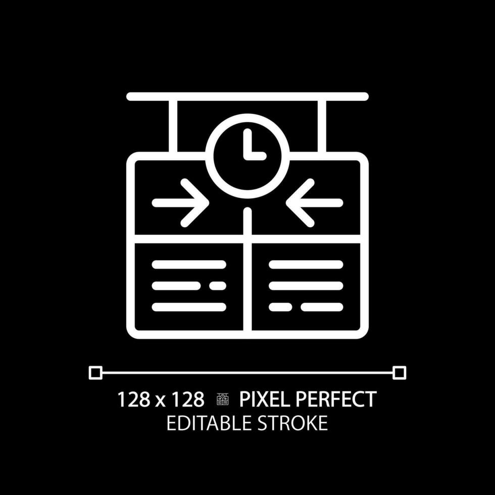 Timetable pixel perfect white linear icon for dark theme. Train schedule. Arrival departure board. Passenger information system. Thin line illustration. Isolated symbol for night mode. Editable stroke vector
