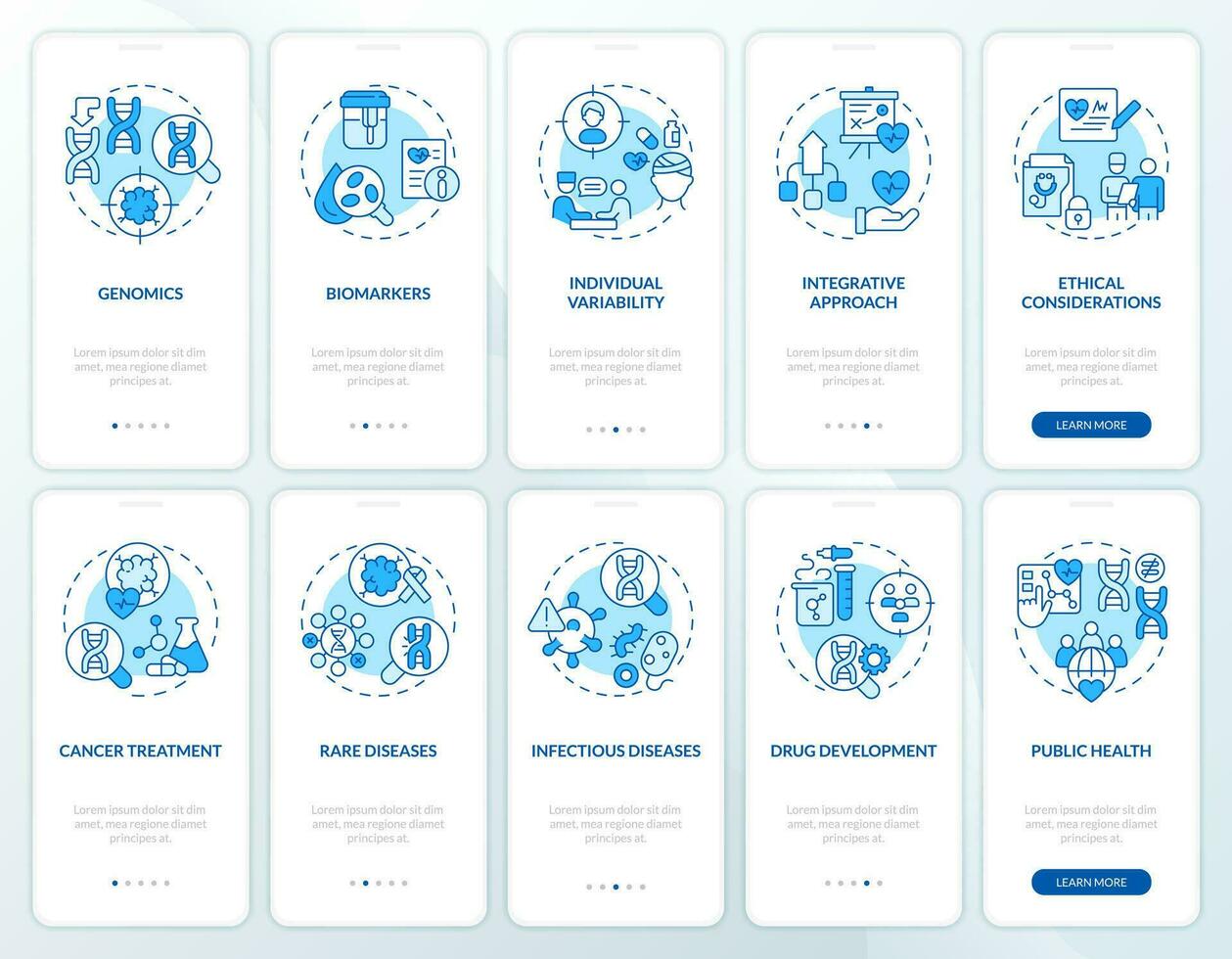 Precision medicine blue onboarding mobile app screens set. Walkthrough 5 steps editable graphic instructions with linear concepts. UI, UX, GUI template vector