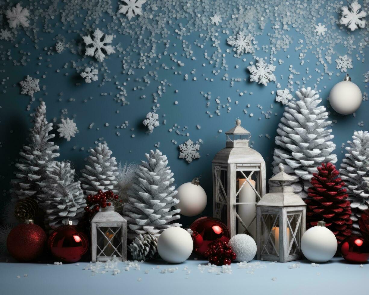 Christmas snow and pinecones background photo