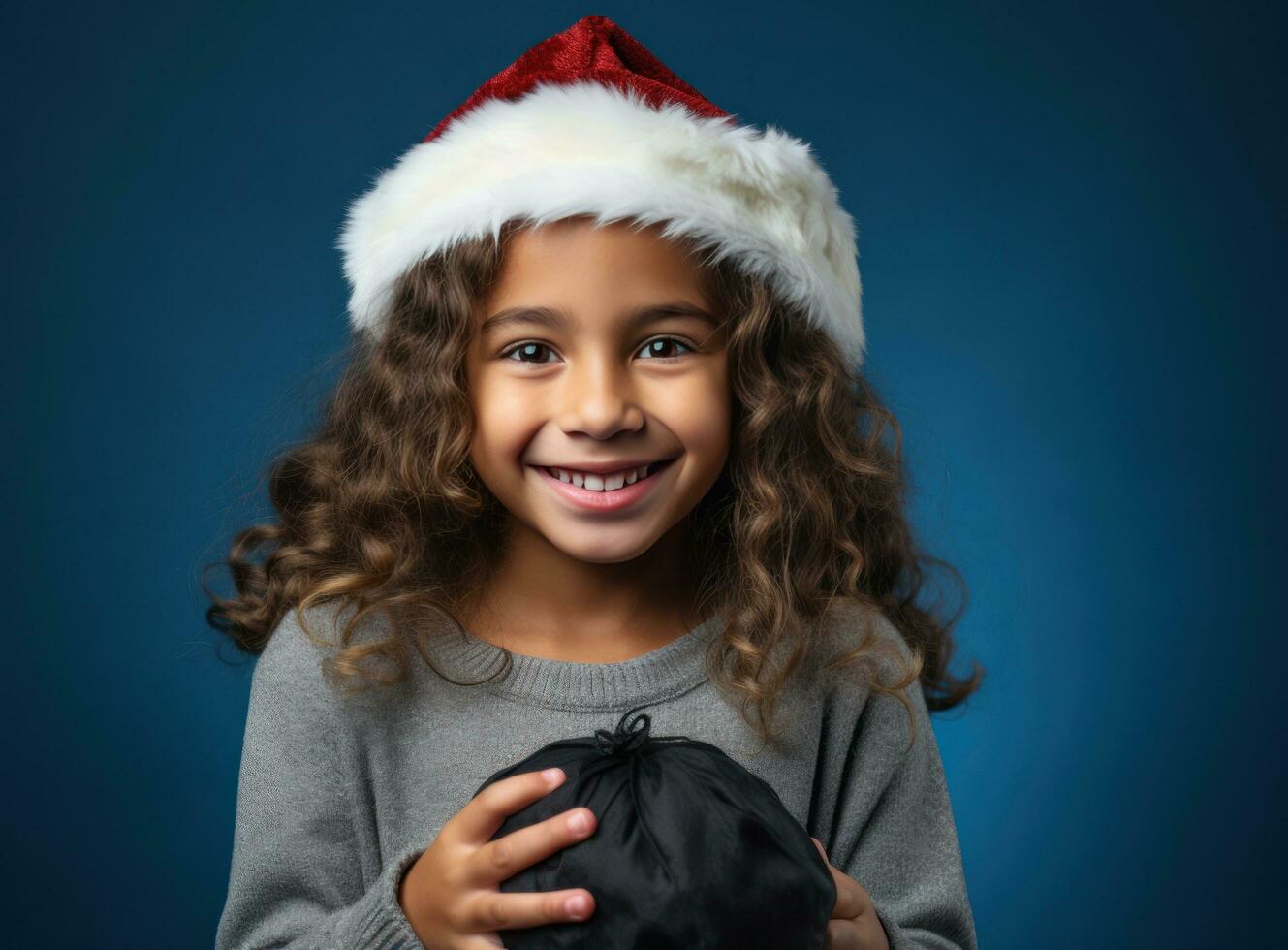 A young girl in santa hat on blue background photo