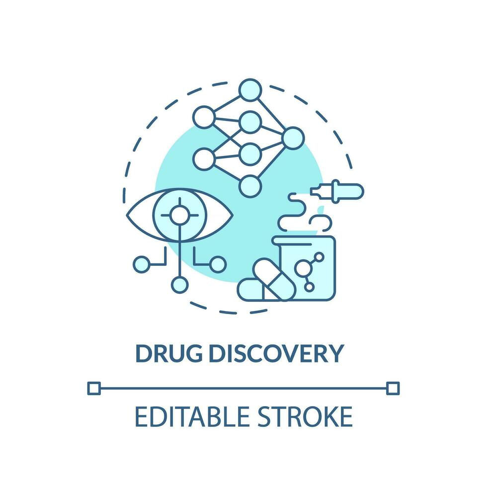 Drug discovery turquoise concept icon. Identify of targets for pharmacy development. AI and ML in precision medicine abstract idea thin line illustration. Isolated outline drawing. Editable stroke vector