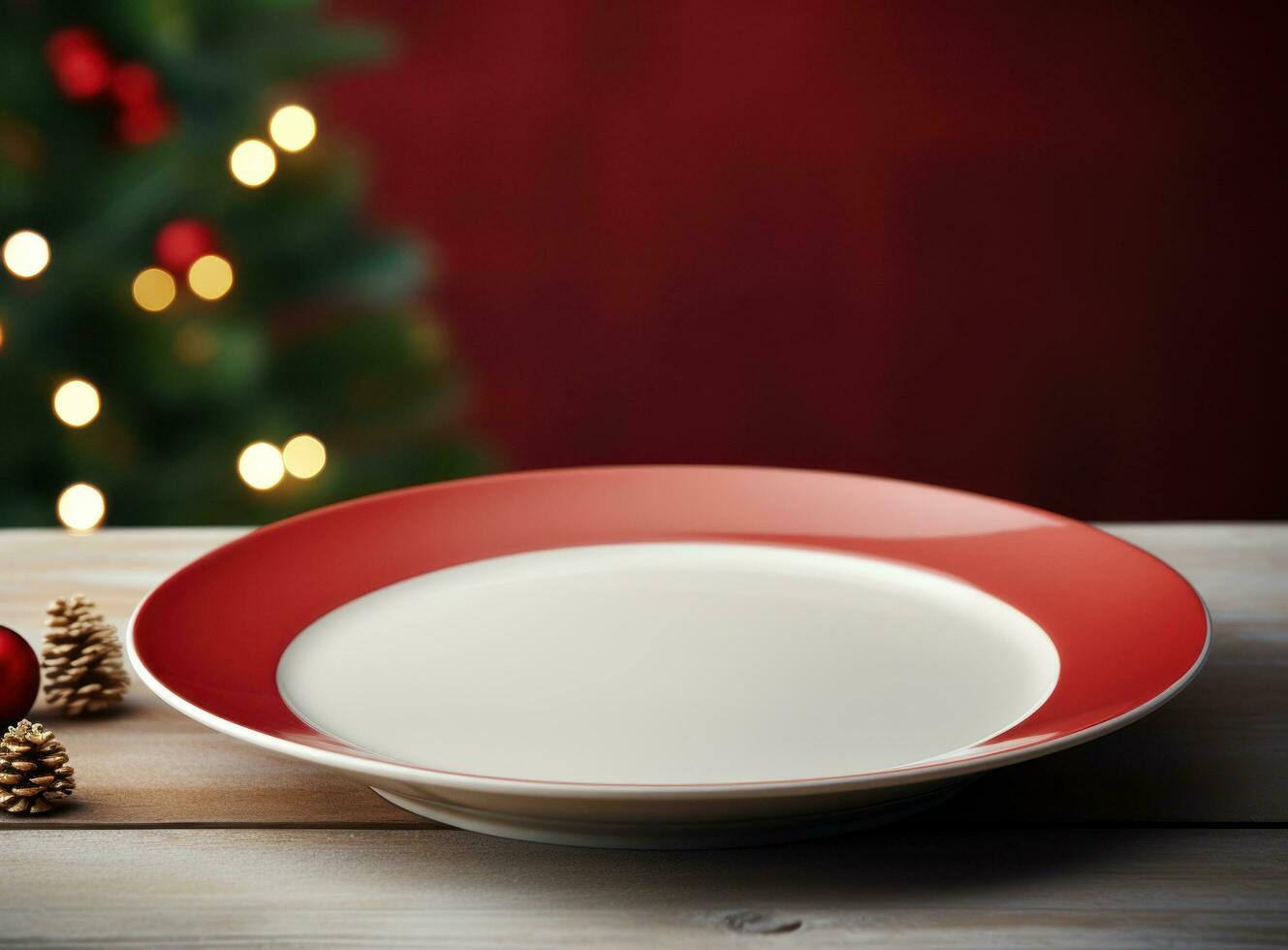 A plate with decorations on white table for christmas time photo