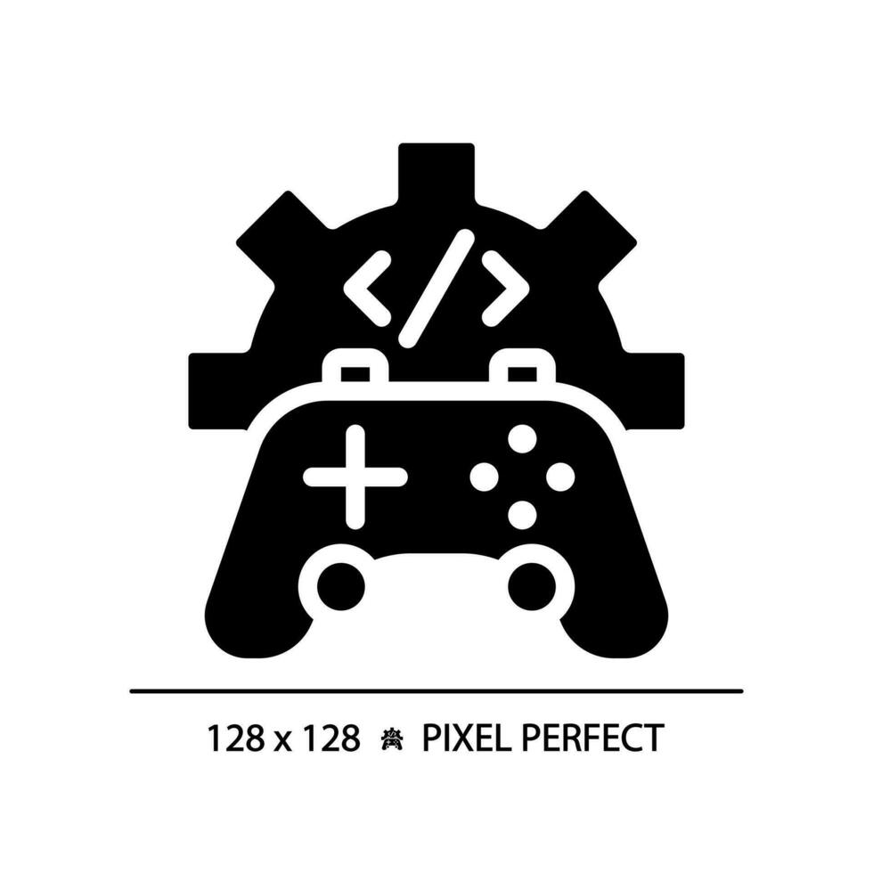 Game development pixel perfect black glyph icon. STEM integration in industry. Students teaching improvement. Silhouette symbol on white space. Solid pictogram. Vector isolated illustration