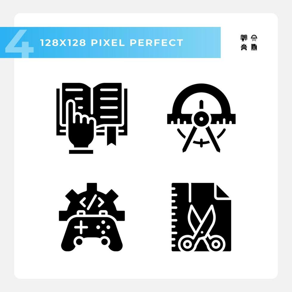 STEM related subjects pixel perfect black glyph icons set on white space. Alternative techniques of learning. Education progress. Silhouette symbols. Solid pictogram pack. Vector isolated illustration