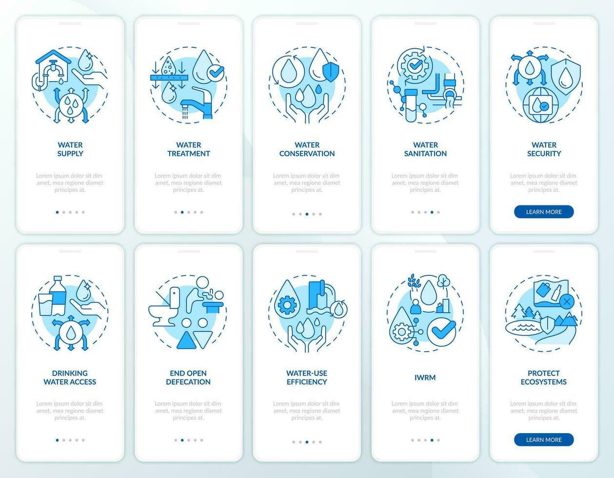 Water and sanitation control blue onboarding mobile app screens set. Walkthrough 5 steps editable graphic instructions with linear concepts. UI, UX, GUI template vector