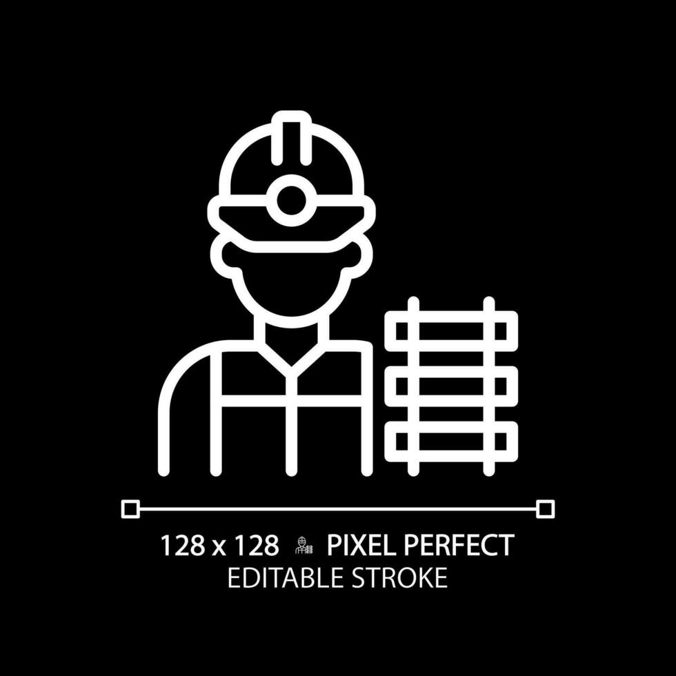 Railway worker pixel perfect white linear icon for dark theme. Railroad labor. Train track. Rail maintenance. Civil engineering. Thin line illustration. Isolated symbol for night mode. Editable stroke vector