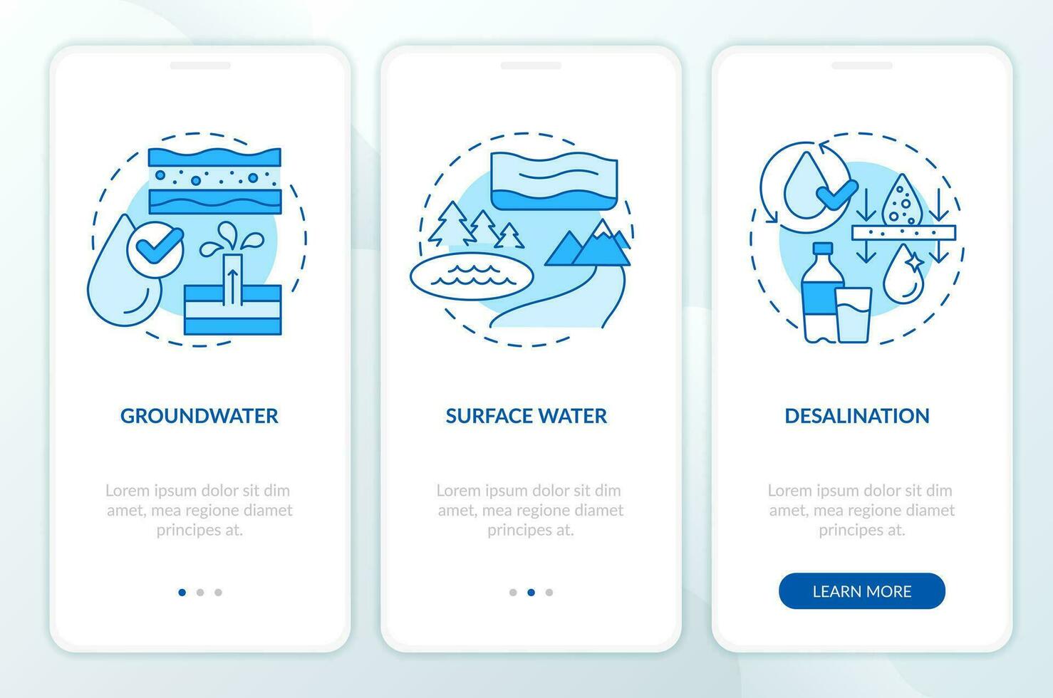 Fresh water supply sources blue onboarding mobile app screen. Walkthrough 3 steps editable graphic instructions with linear concepts. UI, UX, GUI template vector