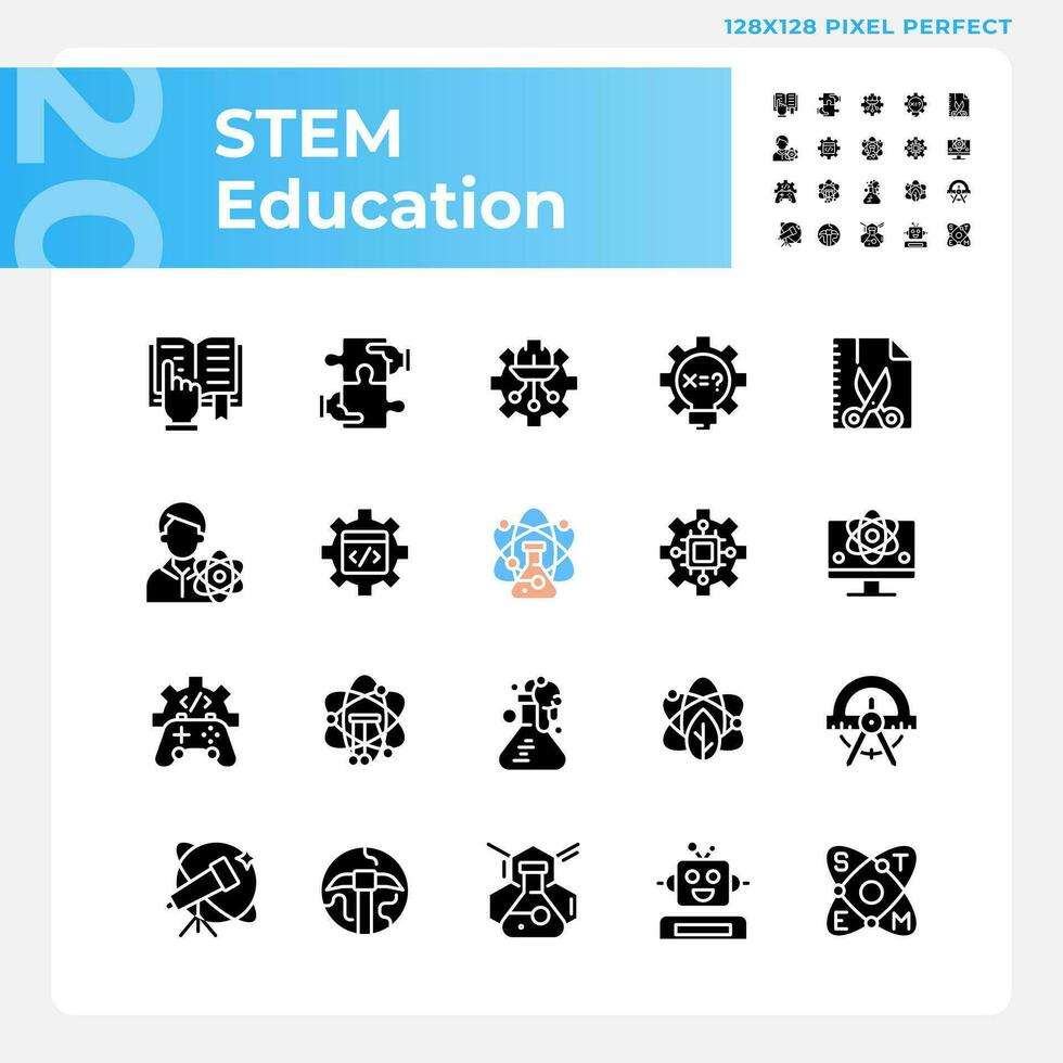 STEM education pixel perfect black glyph icons set on white space. Integrate computing technology. Students development. Silhouette symbols. Solid pictogram pack. Vector isolated illustration