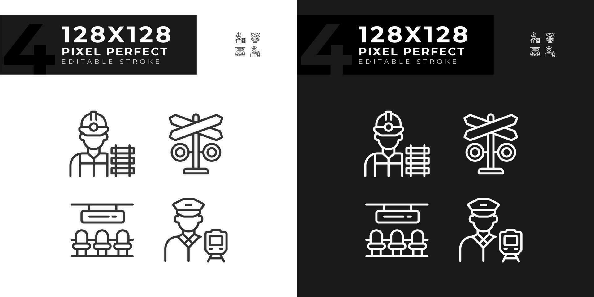 Railroad infrastructure pixel perfect linear icons set for dark, light mode. Public transportation. Railway employment. Thin line symbols for night, day theme. Isolated illustrations. Editable stroke vector