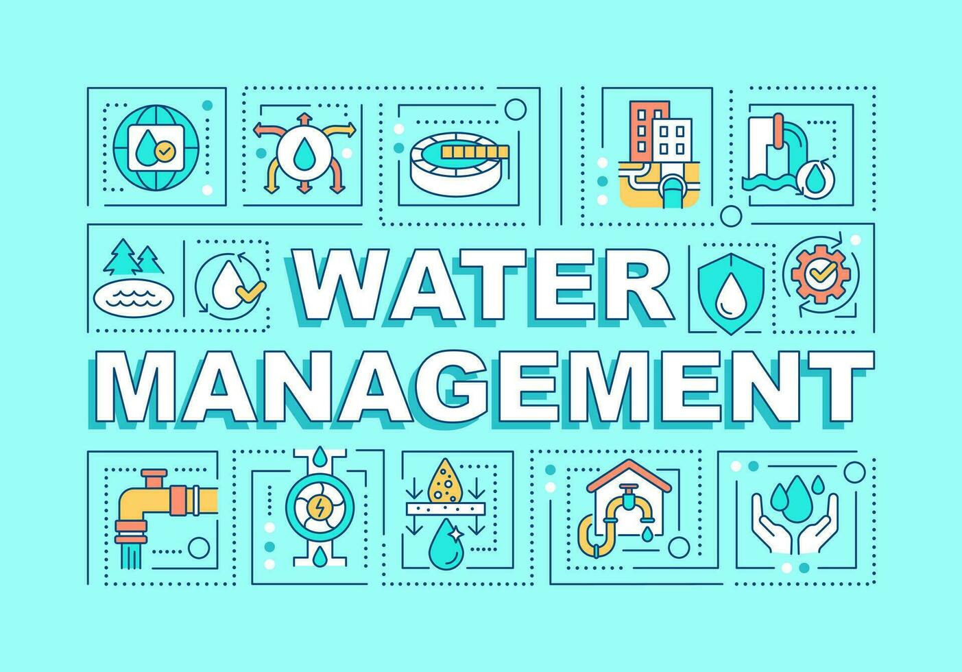 Water management word concepts turquoise banner. Supply care. Infographics with editable icons on color background. Isolated typography. Vector illustration with text