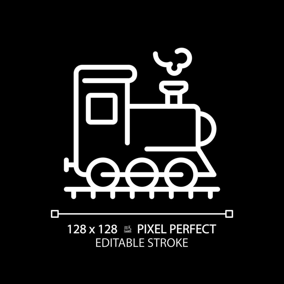 Steam locomotive pixel perfect white linear icon for dark theme. Retro train. Railway transport. Industrial revolution. Thin line illustration. Isolated symbol for night mode. Editable stroke vector