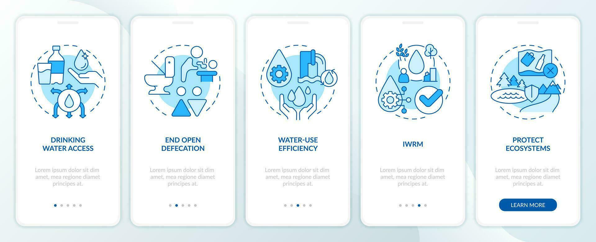 Clean water and sanitation blue onboarding mobile app screen. Walkthrough 5 steps editable graphic instructions with linear concepts. UI, UX, GUI template vector