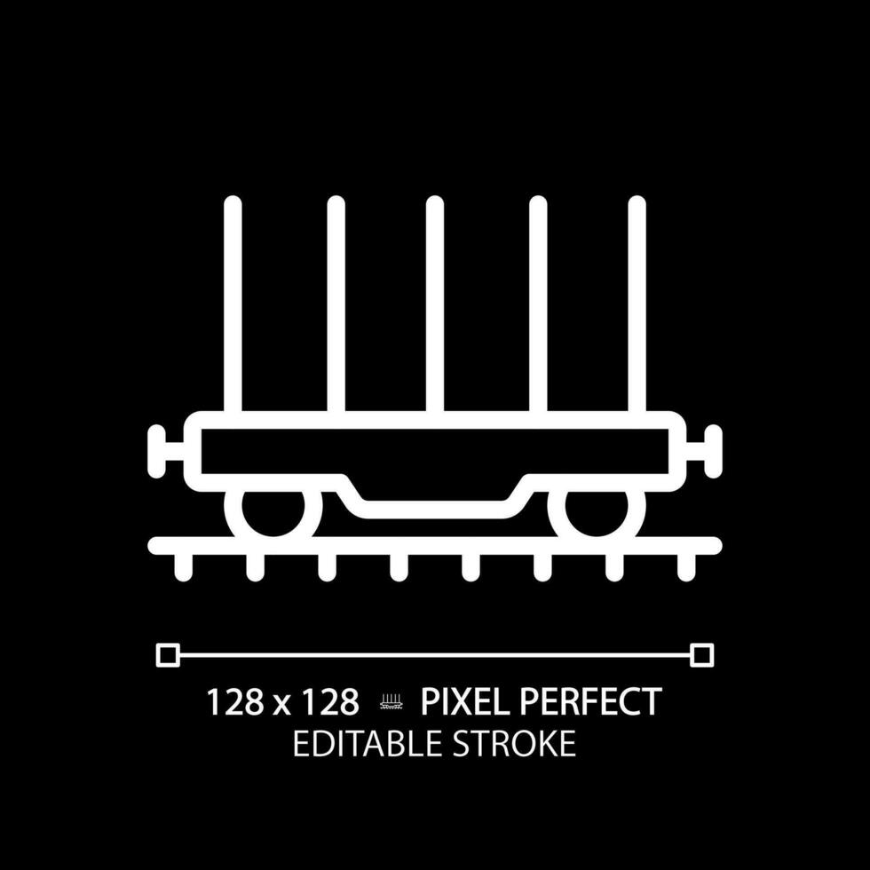 Flatcar pixel perfect white linear icon for dark theme. Freight railroad car. Open platform. Shipping container. Rolling stock. Thin line illustration. Isolated symbol for night mode. Editable stroke vector