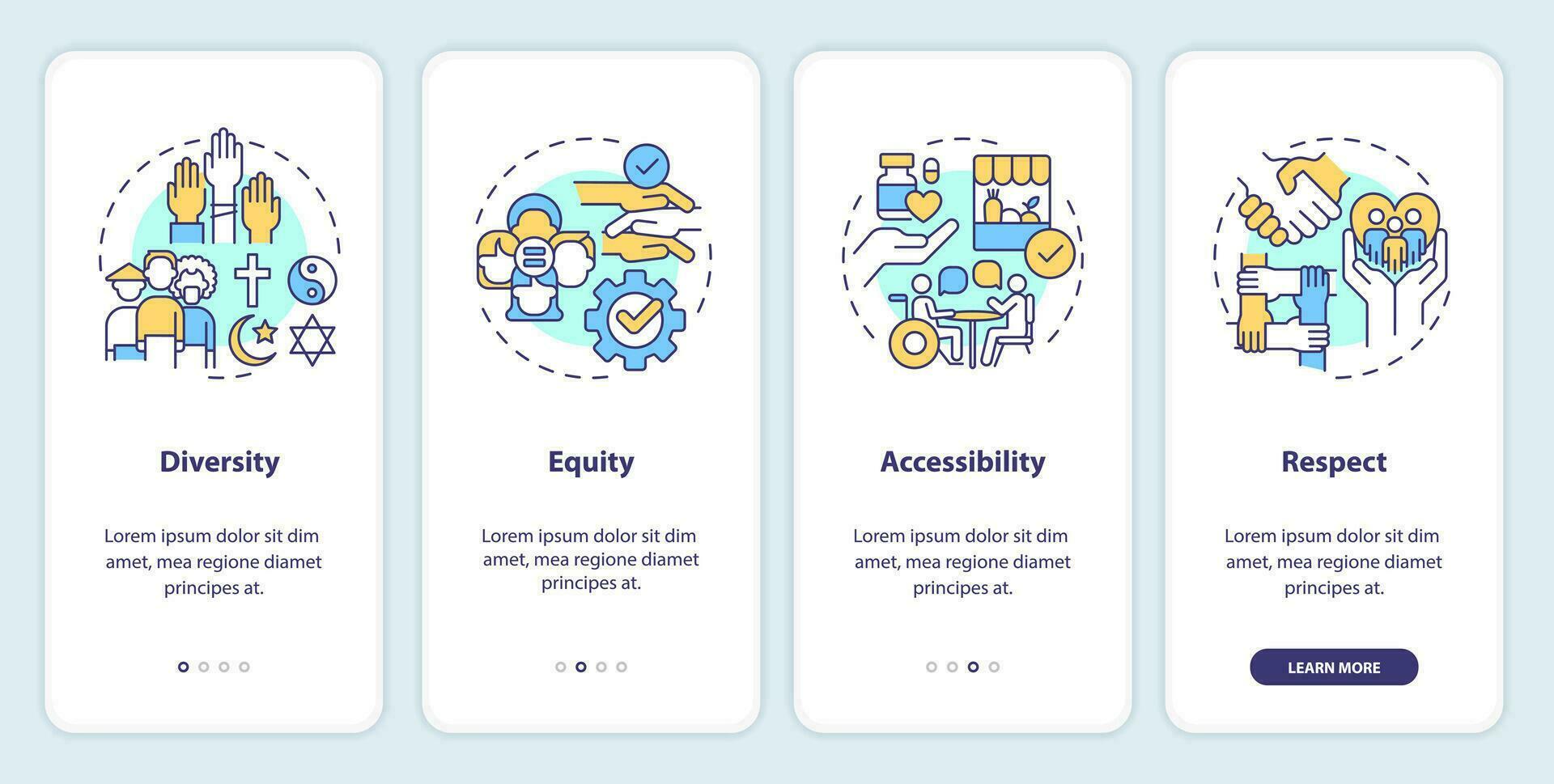 Social inclusion onboarding mobile app screen. Equal opportunity walkthrough 4 steps editable graphic instructions with linear concepts. UI, UX, GUI template vector