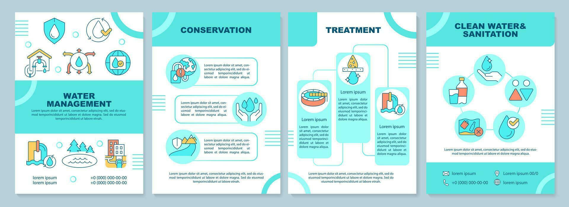 Water management mint brochure template. Freshwater protection. Leaflet design with linear icons. Editable 4 vector layouts for presentation, annual reports