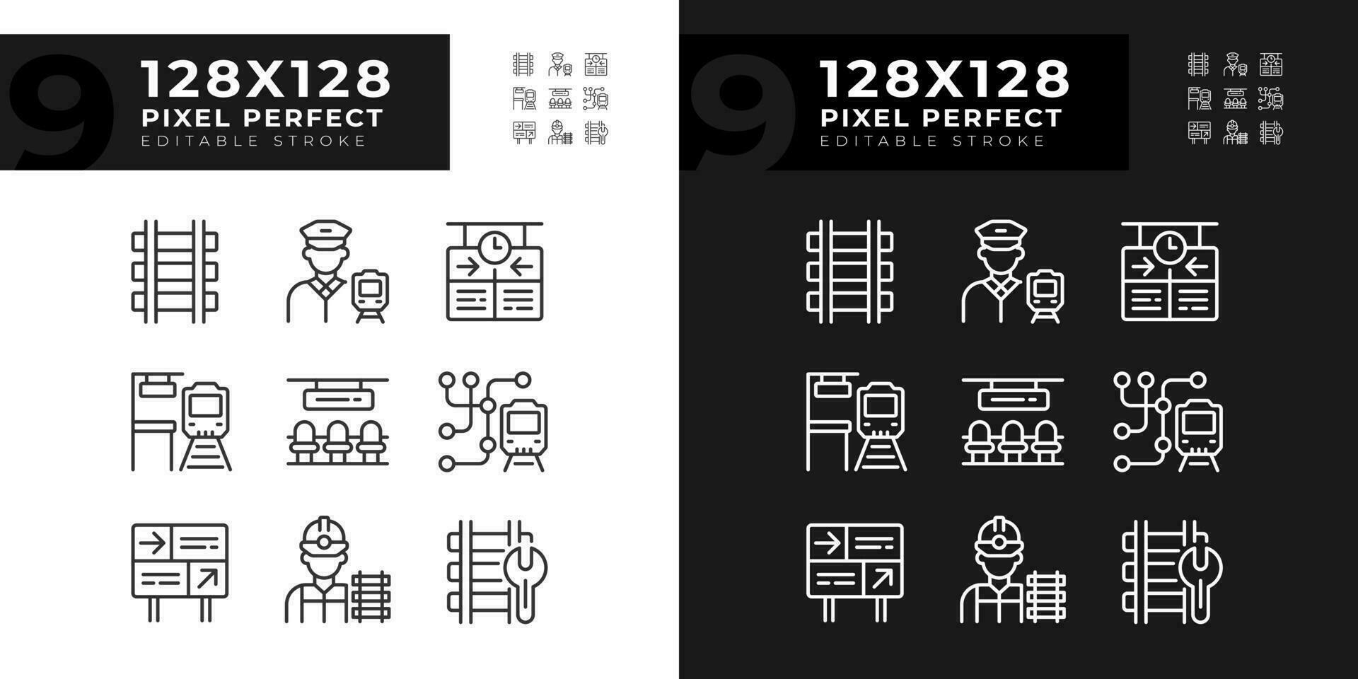 Railroad industry pixel perfect linear icons set for dark, light mode. Railway station. Passenger rail. Rapid transit. Thin line symbols for night, day theme. Isolated illustrations. Editable stroke vector