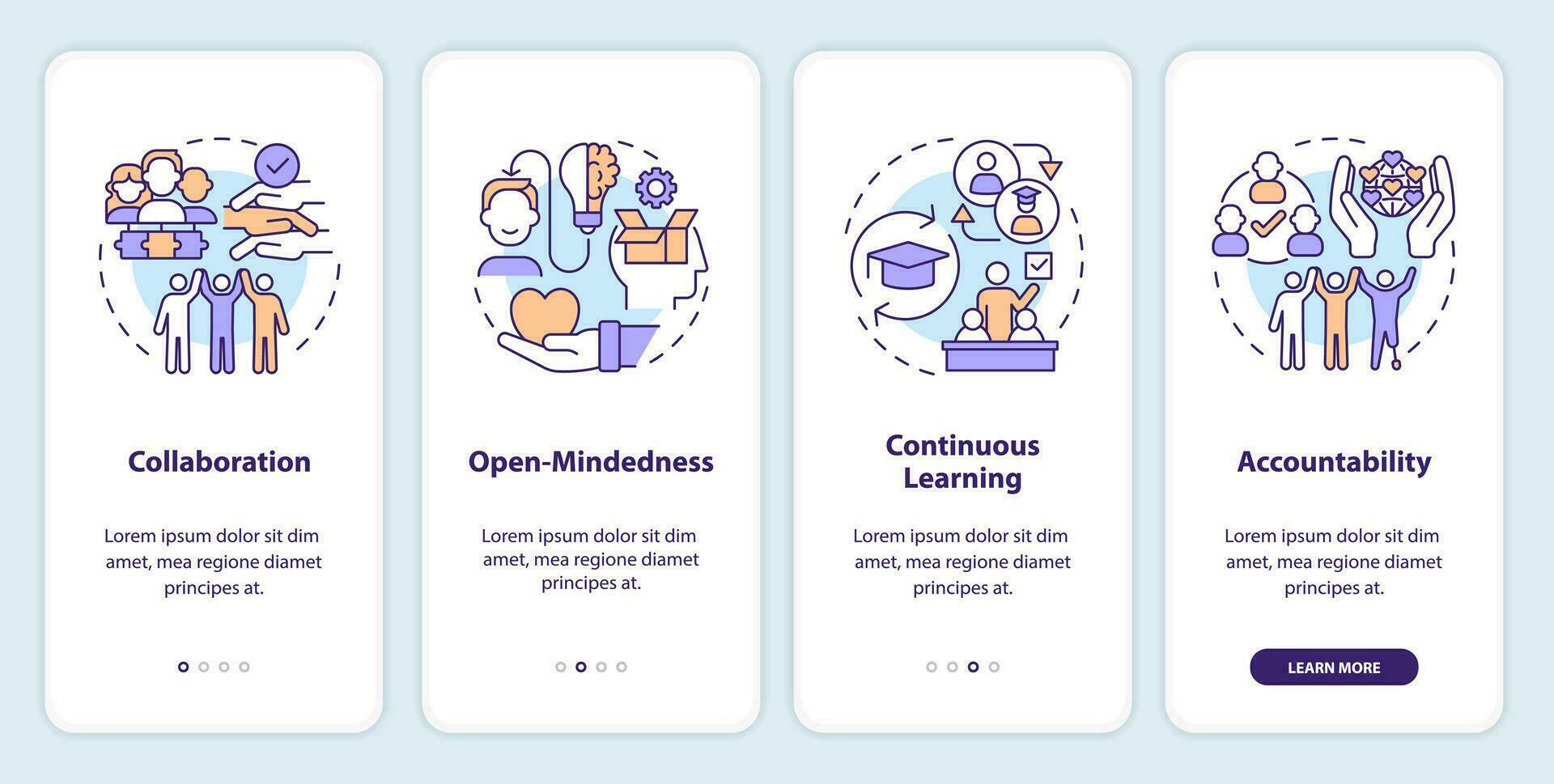 Inclusion principles onboarding mobile app screen. Action oriented walkthrough 4 steps editable graphic instructions with linear concepts. UI, UX, GUI template vector